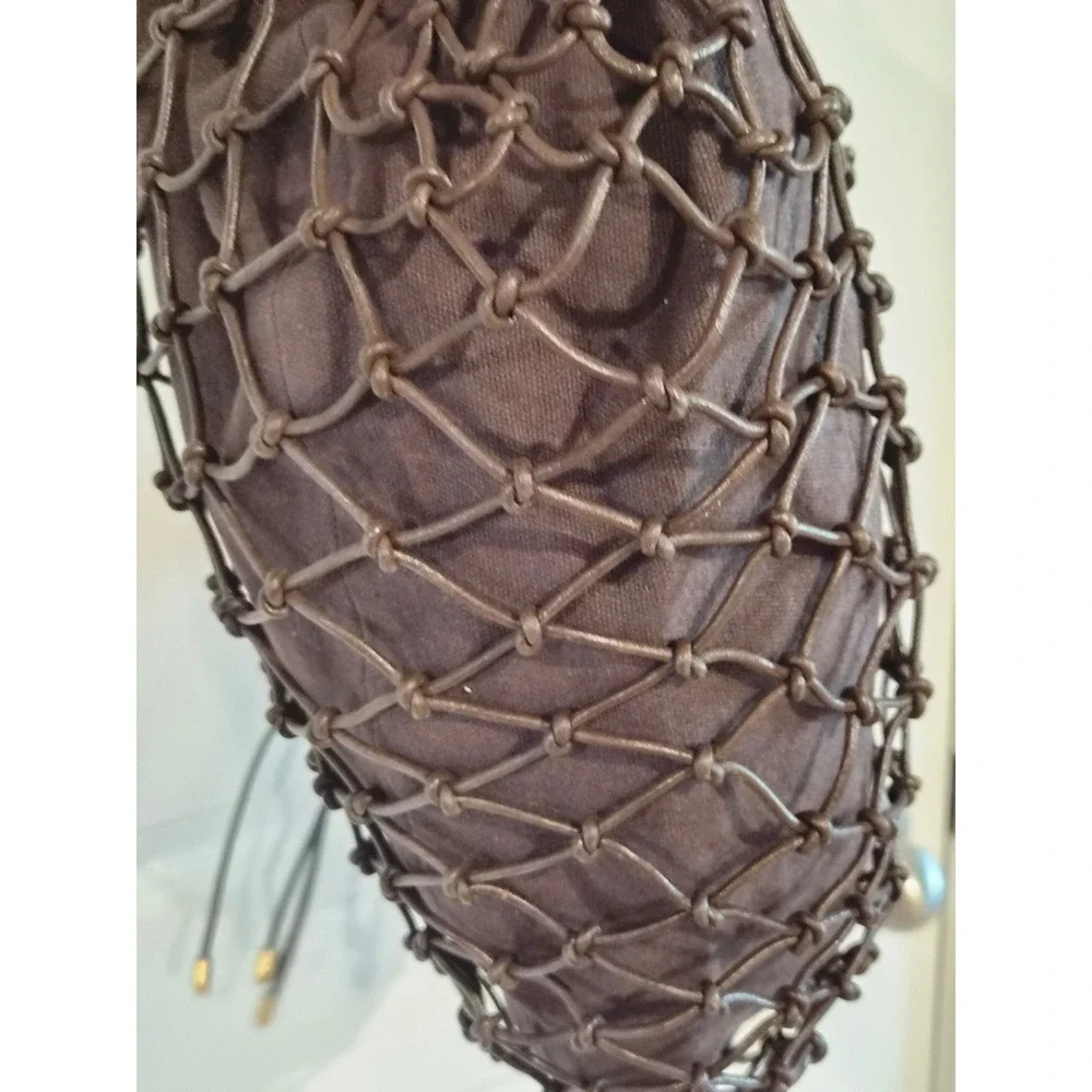 HOBO Brown Leather Net Canvas Shoulder Bag Knotted Tassel Crescent Hobo